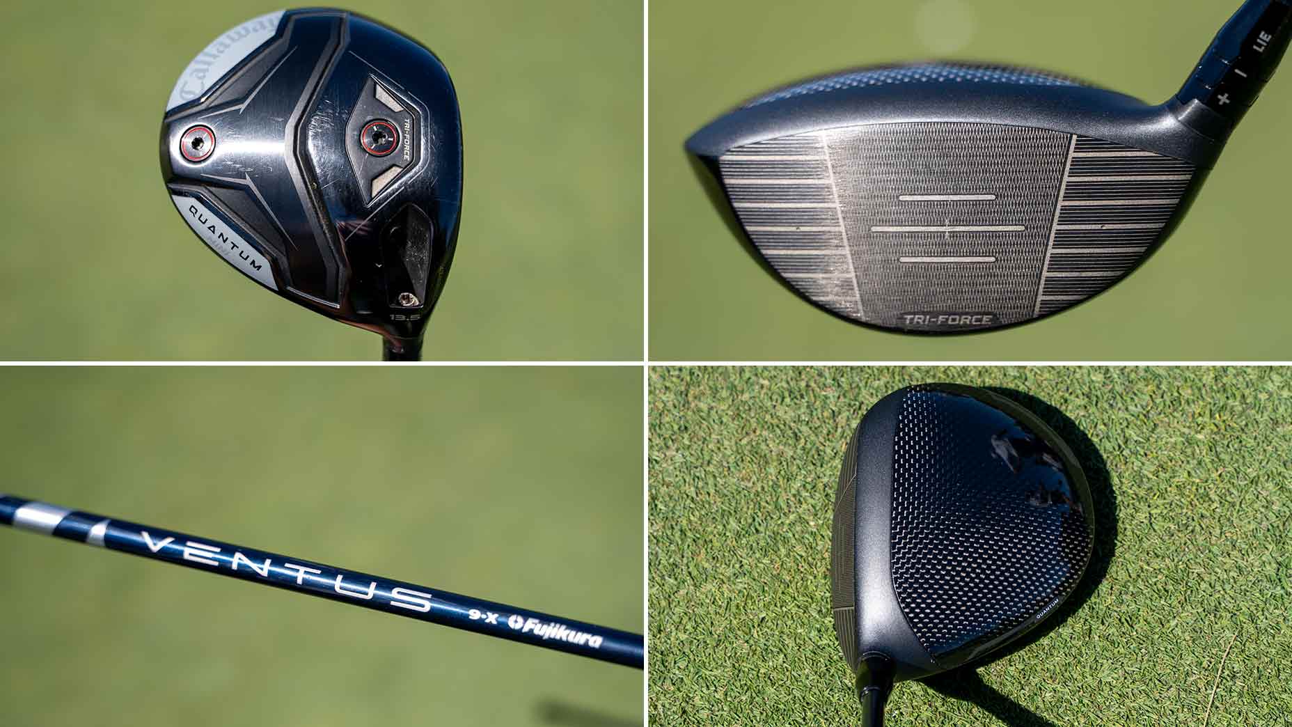 A collage of four images showing different angles of a golf club—featuring the Bag Spy view, the clubhead from above, the shaft labeled Ventus, and the clubhead resting on grass—similar to what Min Woo Lee might carry in his bag.