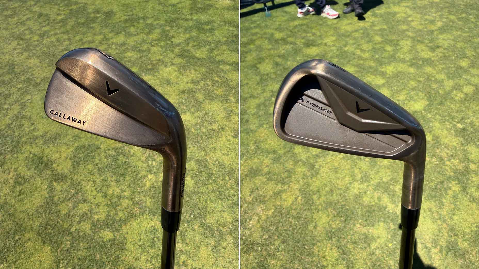 Two images side by side show a Callaway golf iron from different angles, with a dark metallic finish on green grass. The left image shows the Callaway logo, while the right reveals the club’s back design and Apex Pro label, reminiscent of U.S. Open precision.
