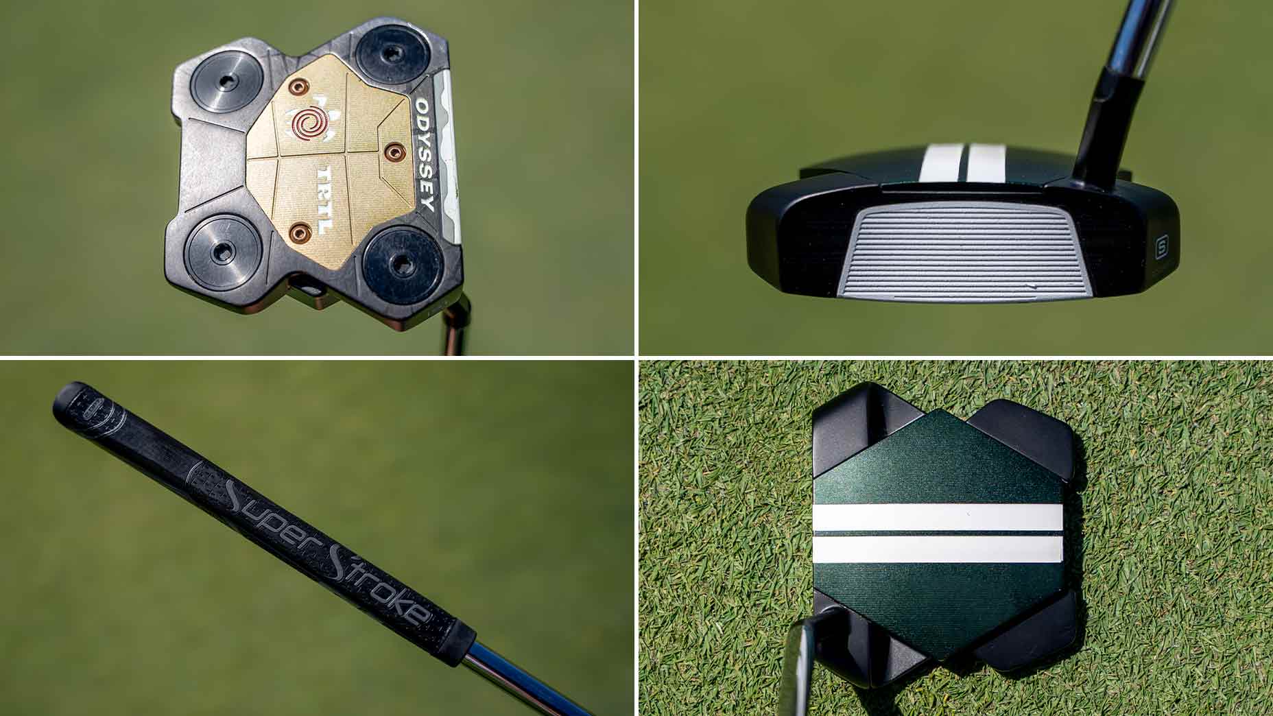 A collage of four close-up images of a golf putter: the clubhead from above, the clubhead face, the grip with Super Stroke text, and the clubhead resting on grass, showing two white alignment lines—just like a Bag Spy feature on Min Woo Lee’s gear.