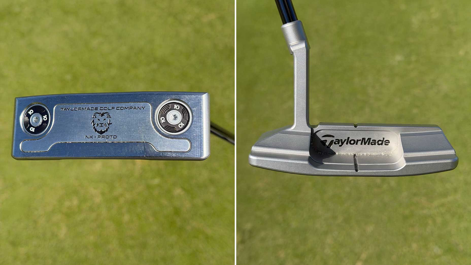 Side-by-side images of a silver TaylorMade golf putter—a standout among golf clubs—show its adjustable weights and engraved markings on the back, while the front highlights the logo and grooved face. The putter rests on green grass.