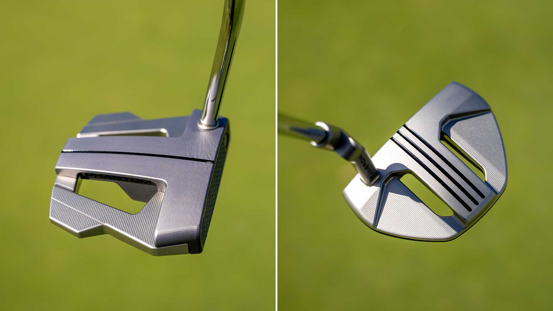 Two views Scotty Cameron Phantom 3.2 and Phantom 12 putters with a metallic finish, highlighting the club head’s geometric design and grooves—perfect for your next Golf Club Event. The blurred green background evokes the excitement of the course.