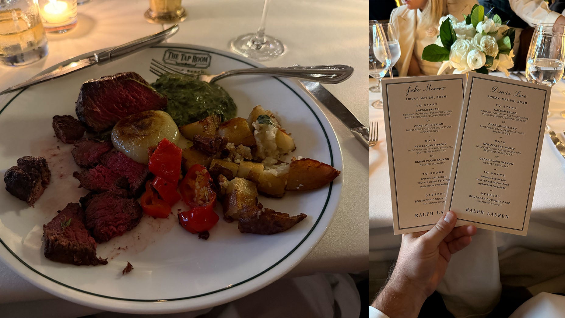 A plate of steak, roasted potatoes, grilled vegetables, and spinach sits on a white tablecloth beside a fork. A hand holds an elegant dinner menu in a formal dining setting inspired by Ralph Lauren, accented with flowers and candles.
