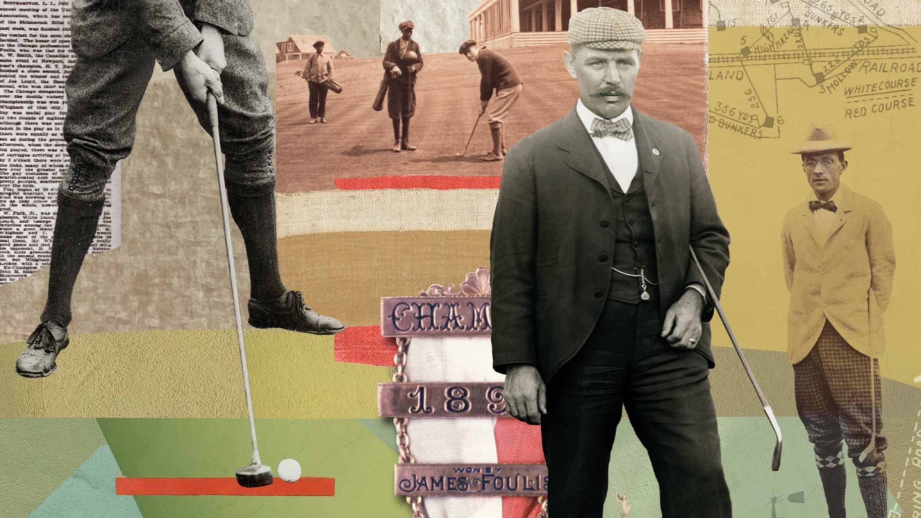 A collage featuring vintage golfers in old-fashioned attire at Shinnecock Hills, with golf clubs and balls, overlaid with maps and historical text from the 1896 U.S. Open, evoking the early days of golf in a sepia and muted color palette.