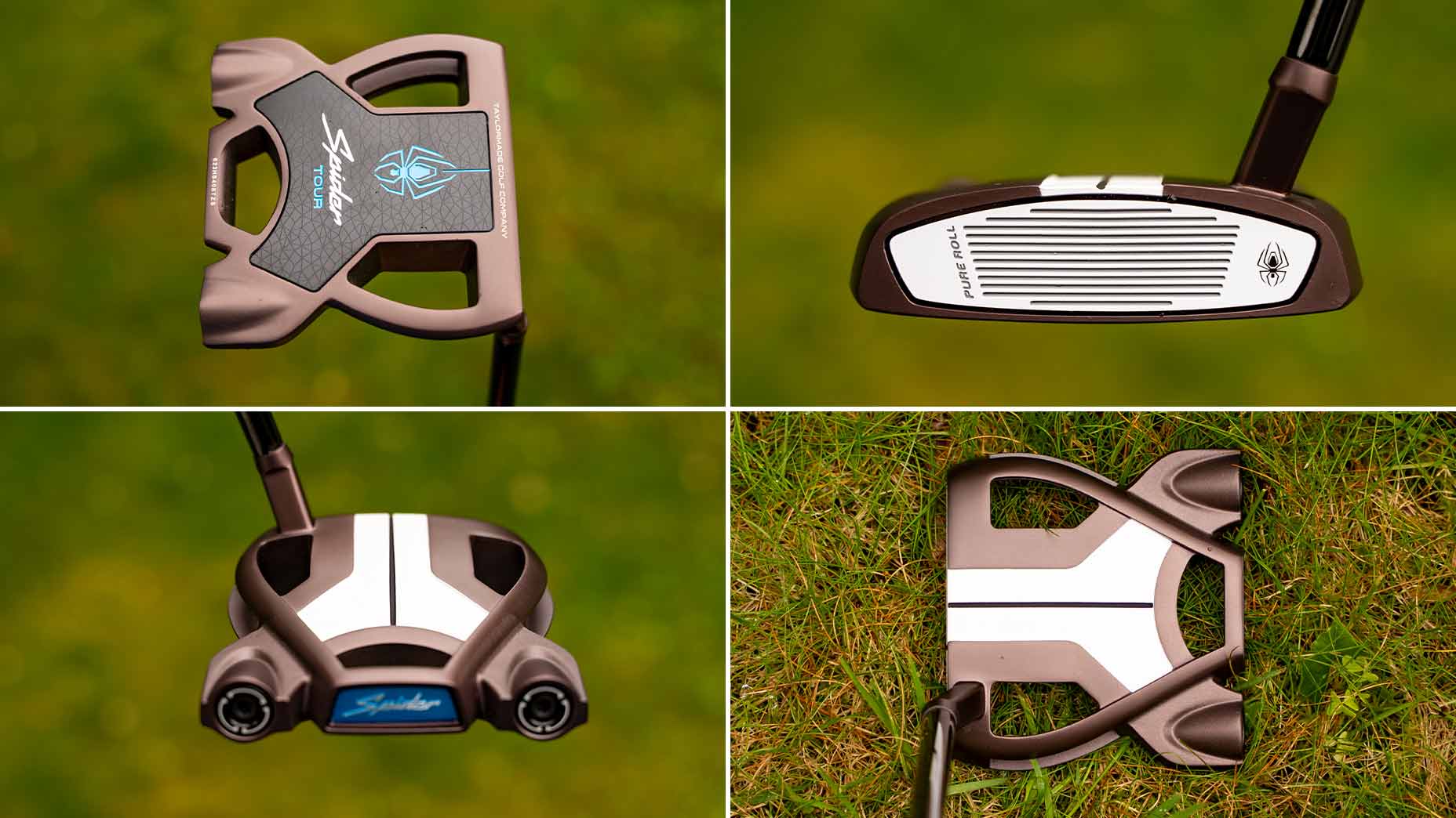 Collage of four close-up photos showing different views of a TaylorMade Spider putter on grass, highlighting its face, back, sole, and top design details with branding and logos visible—similar to the style favored by Rory McIlroy.