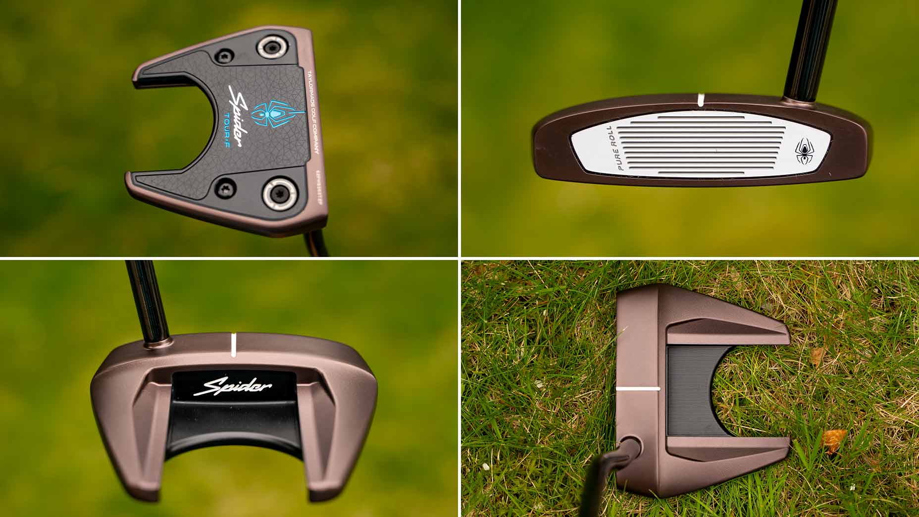 Four close-up views of a bronze and black golf putter with a torched finish on green grass, showing the club’s top, face, rear, and address positions with Spider line branding visible in two of the images.