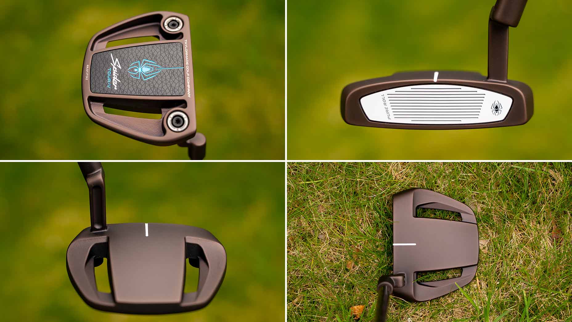 A collage of four close-up photos shows different angles of a TaylorMade golf putter with a copper and torched finish, including the club face, top view, bottom, and Spider line branding details, all photographed on green grass.