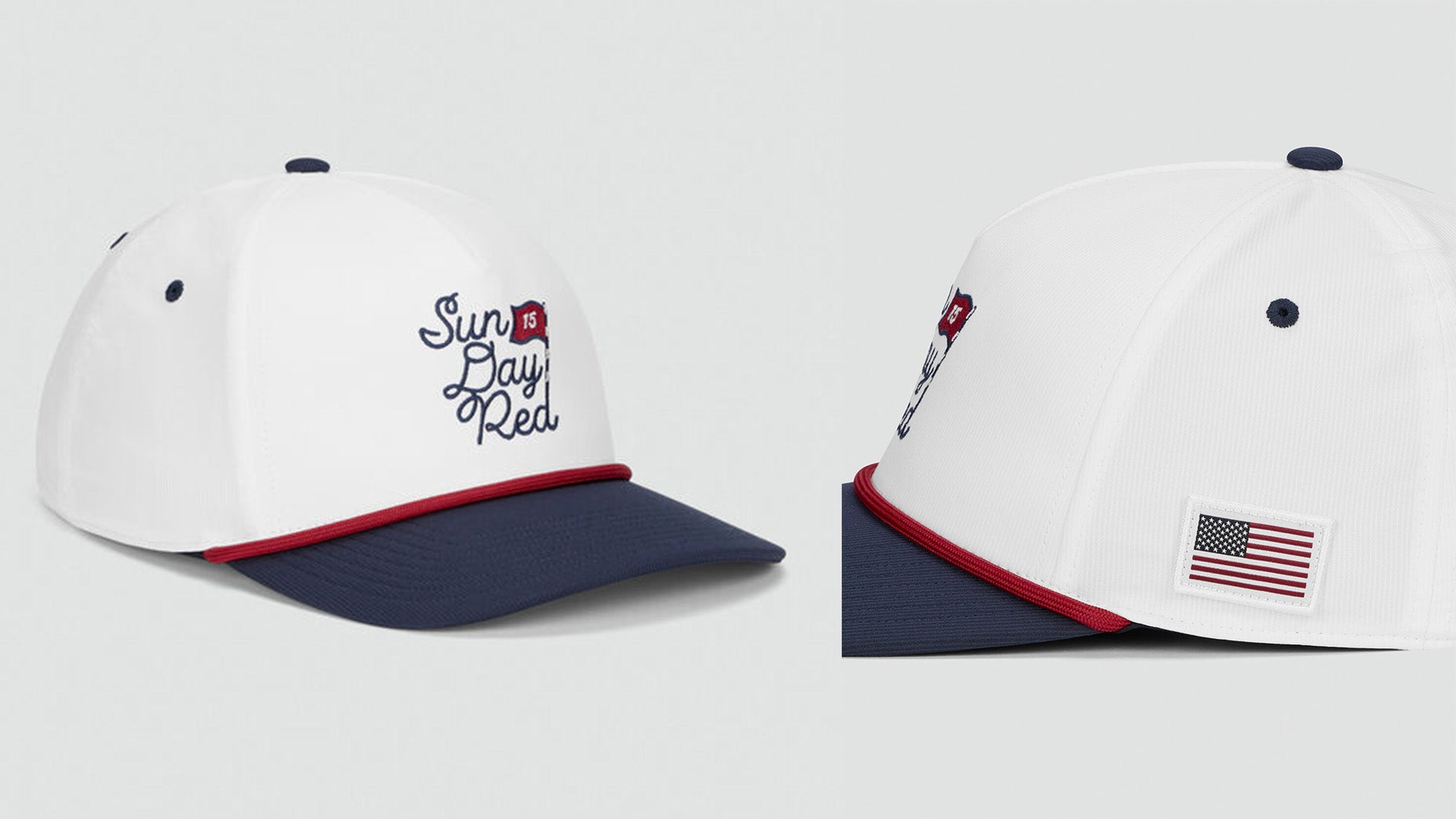 A white baseball cap with a navy blue brim, red trim, and Sun Day Red on the front—perfect red white and blue gear for a patriotic celebration. Features a small red flag and an embroidered American flag patch on the side.