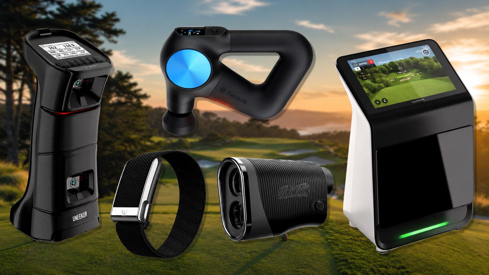 Five modern golf gadgets—perfect for fans of Golf Tech and Premium Golf—are displayed in front of a scenic golf course at sunset, including a launch monitor, massage gun, golf swing analyzer wristband, rangefinder, and digital display device.