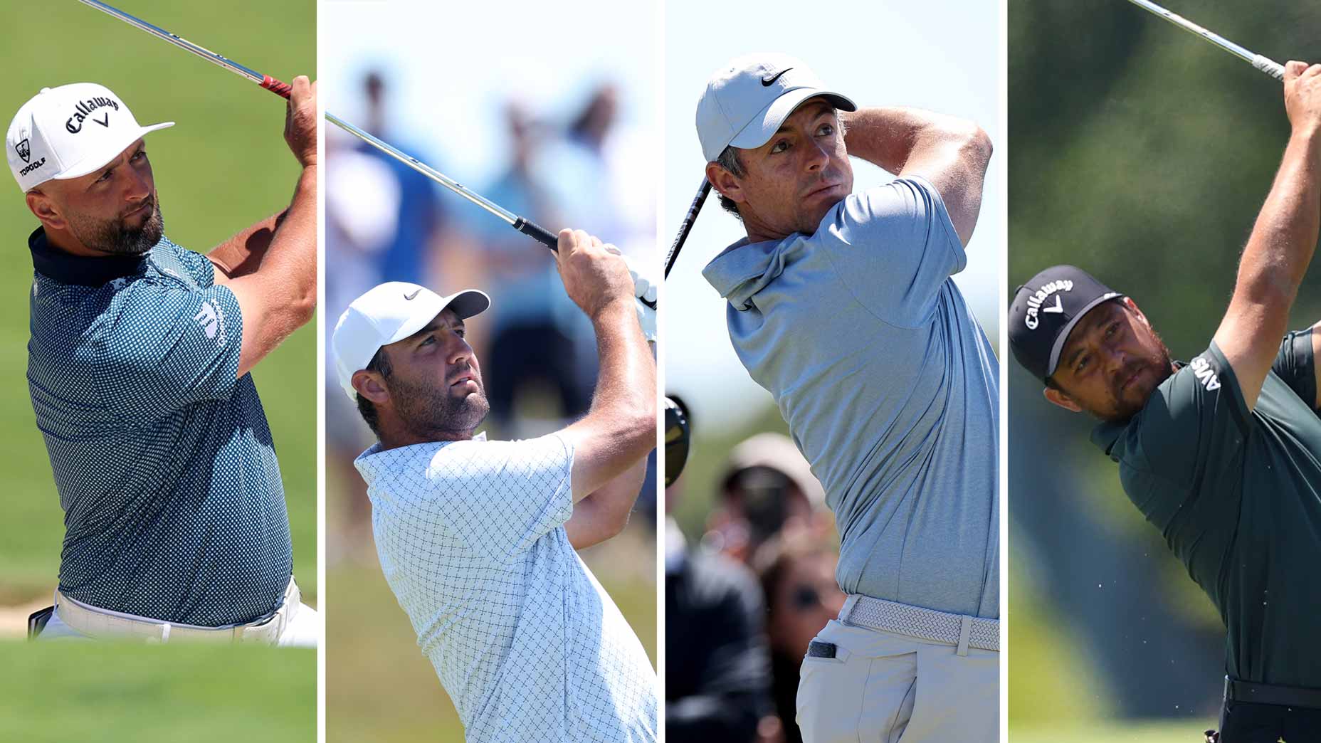 Four male golfers, each mid-swing on a U.S. Open golf course, are separated by white vertical lines. All wear collared shirts and caps, with blurred backgrounds and spectators visible.
