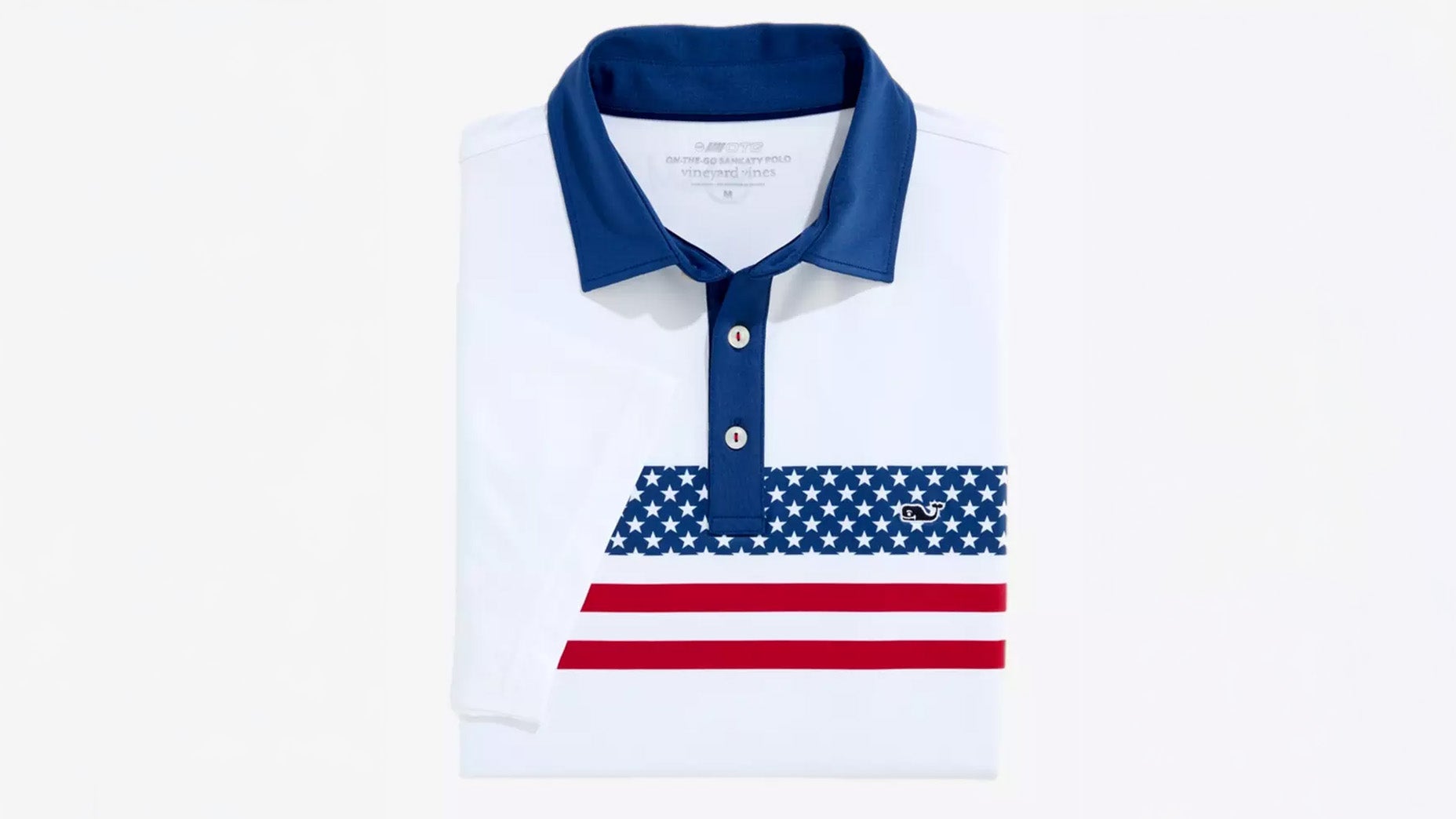 A folded white polo shirt with a blue collar and buttons, featuring white stars on blue and red stripes—a stylish piece of red white and blue gear perfect for any patriotic celebration or America's 250th birthday.