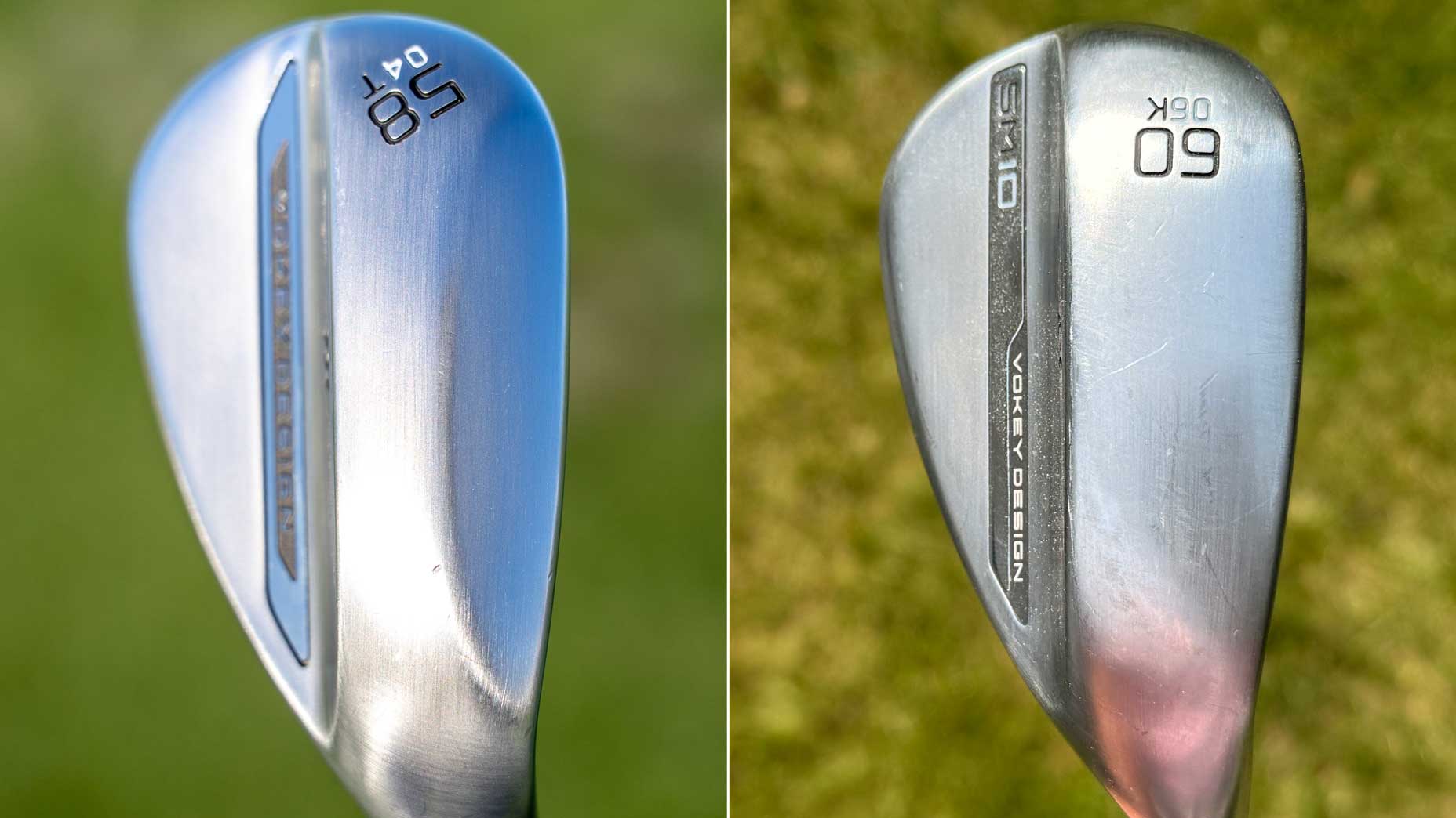 Two golf wedges are shown close-up on grass, showcasing their clubfaces and grooves. The left wedge is labeled 58° and the right 60°, highlighting a possible wedge change for golfers seeking optimal golf gear, just like Scottie Scheffler.