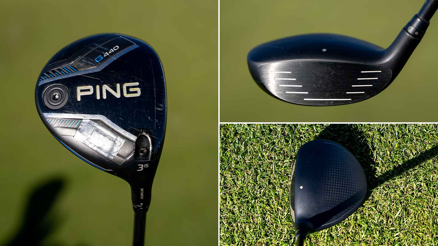 A composite image displaying a Ping G410 golf club—featured in Wyndham Clark WITB: left shows a close-up of the club’s branding, top right captures the clubface, and bottom right presents the top view of the club head on grass.