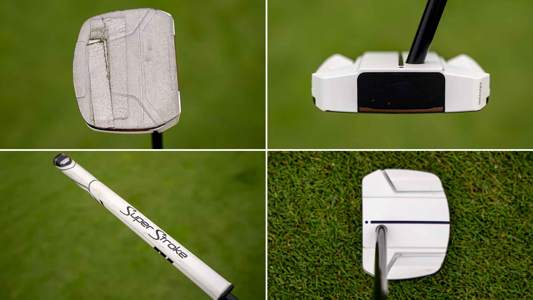 A collage of four close-up photos shows a white golf putter from different angles, including the face, top, grip with Super Stroke branding, and a top-down view on green grass—similar to those seen in Wyndham Clark WITB features.