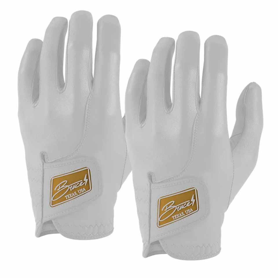 A pair of white sports gloves with a brown and gold patch labeled Bruce, Texas, USA on the wrist area—perfect as low-cost accessories or thoughtful Father's Day gifts, positioned upright with fingers slightly curved.