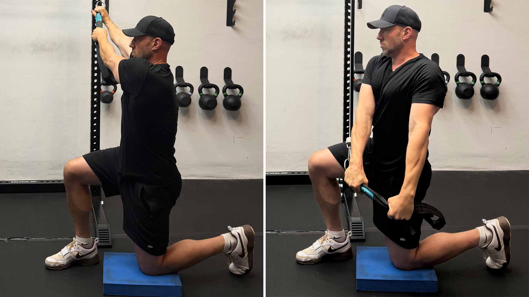 A person in athletic wear kneels on a blue pad, holding a rope attached to a cable machine. The first image shows arms raised, and the second shows arms pulled down, performing a cable chop exercise. Kettlebells hang on the wall behind.