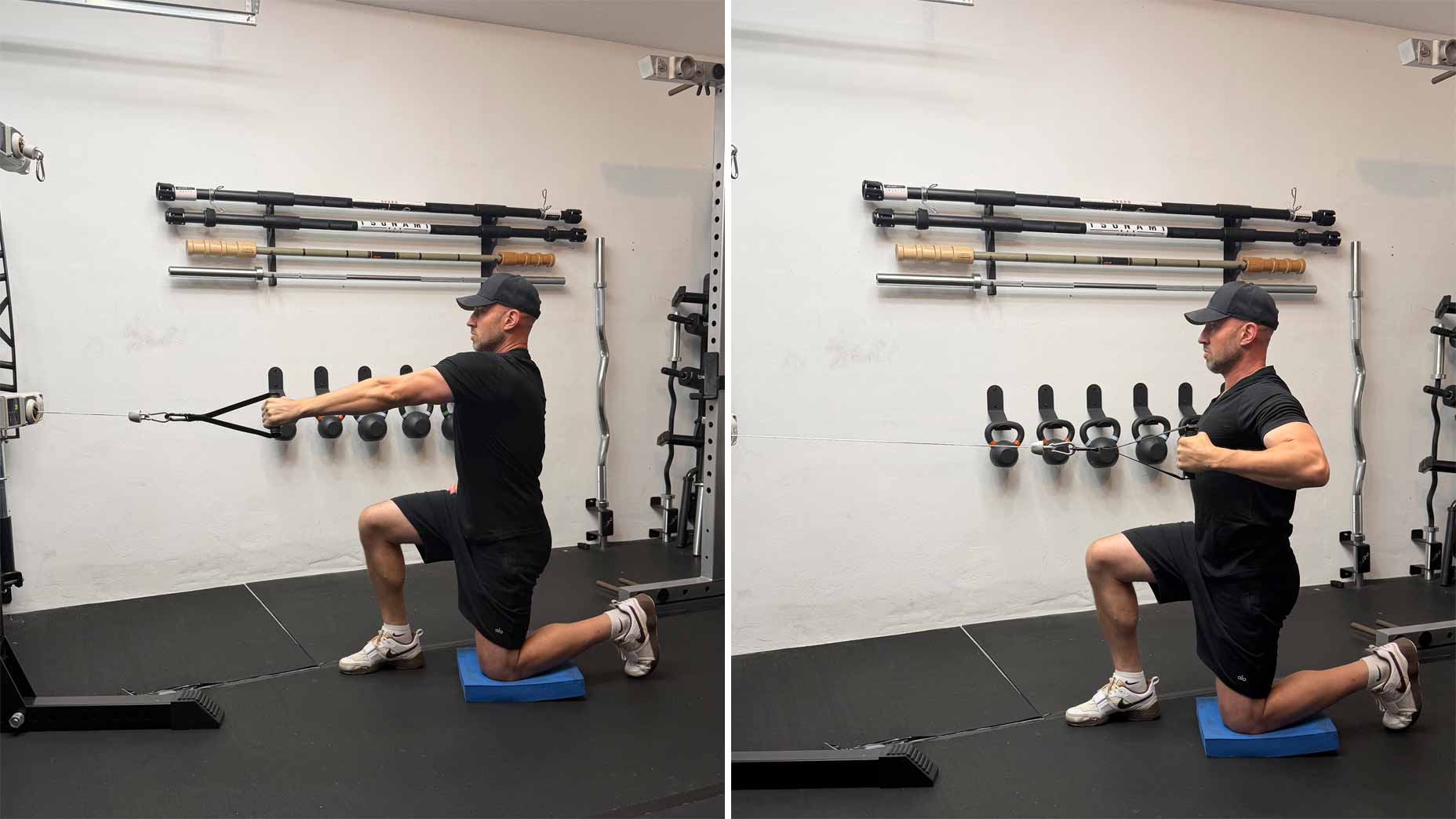 A man in athletic wear is kneeling on a mat, performing a single-arm cable row exercise. In the first frame, his arm is extended; in the second, he pulls the cable towards his torso. Gym equipment is visible behind him.