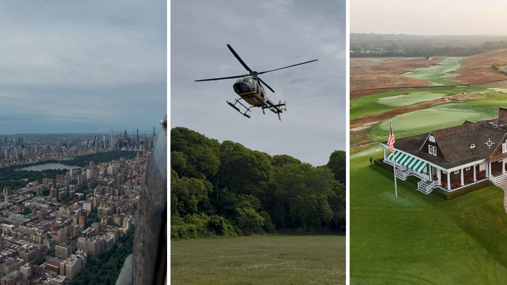 A three-part image: left shows an aerial view of New York City; center features a helicopter flying above a grassy clearing; right captures a golf course with a clubhouse and American flag, evoking the spirit of the U.S. Open.