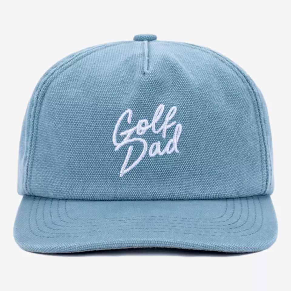 A light blue baseball cap with white embroidered text on the front that reads Golf Dad. With visible stitching and a curved brim, it’s a perfect pick for Father's Day gifts or anyone looking for low-cost accessories.