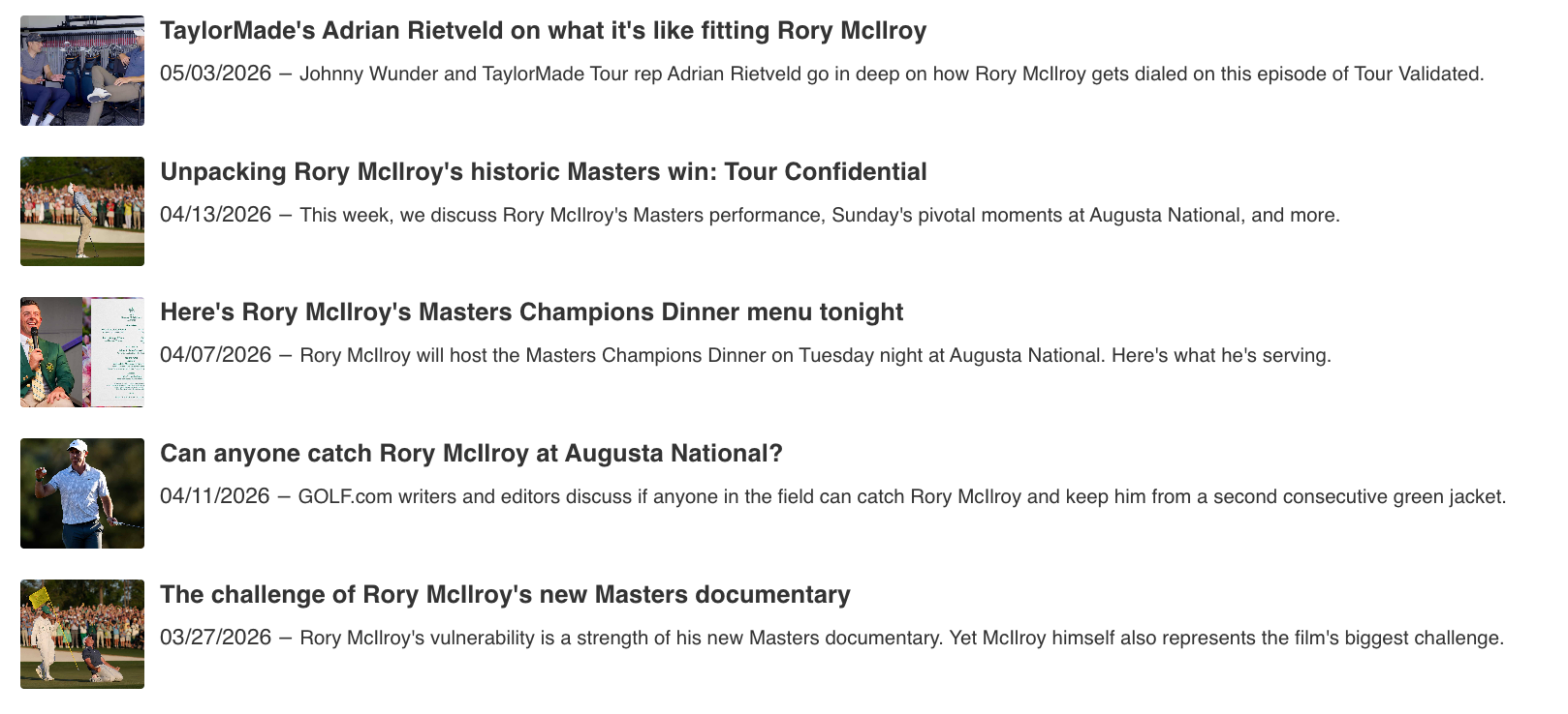 A list of five golf-related articles with headlines and dates, each accompanied by a small rectangular image to the left, featuring Rory McIlroy at Augusta National, the Travelers Championship, and related topics.