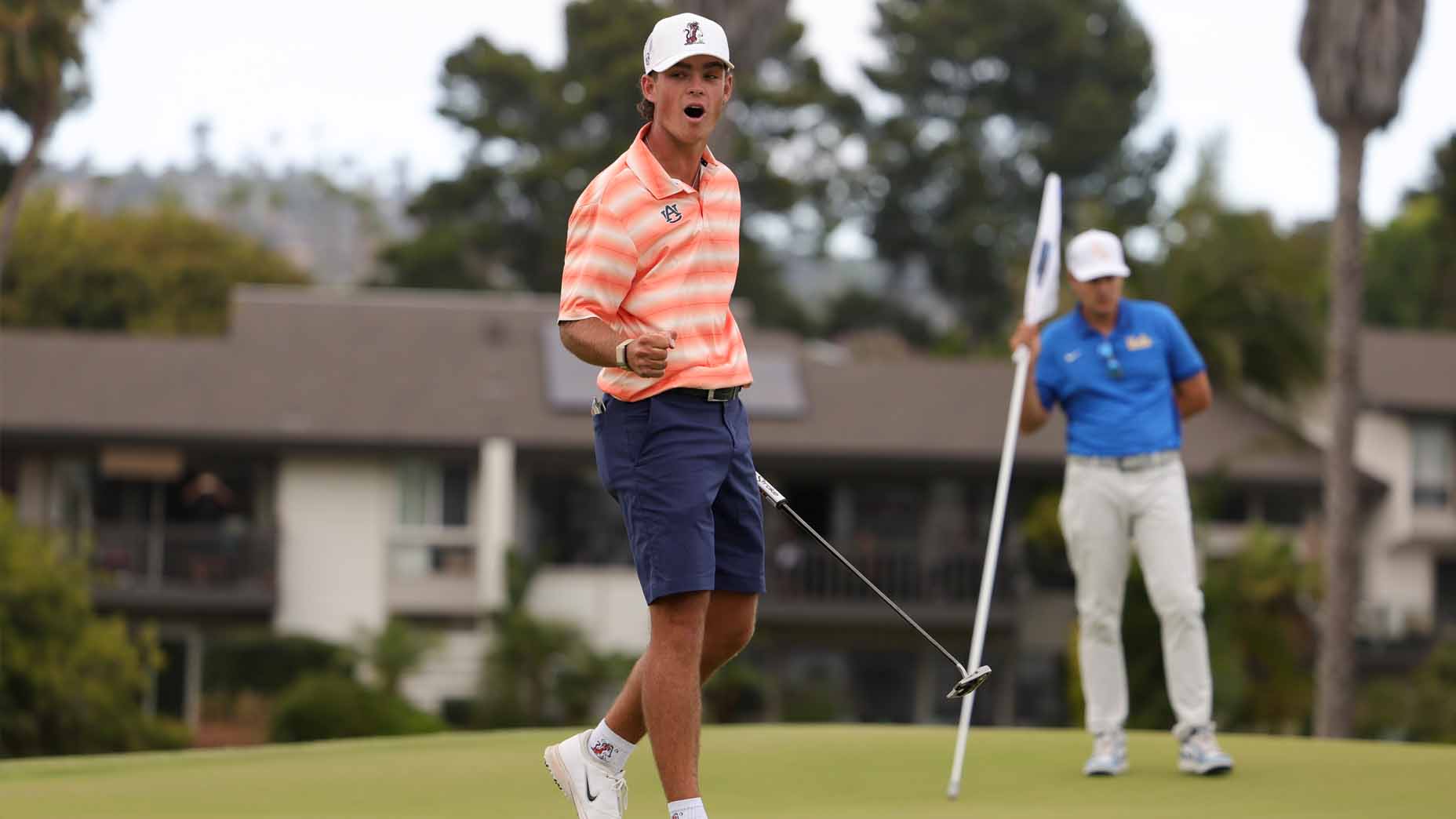 Jackson Koivun reacts to winning his match at the 2026 CAA Division I Men's Golf Championships