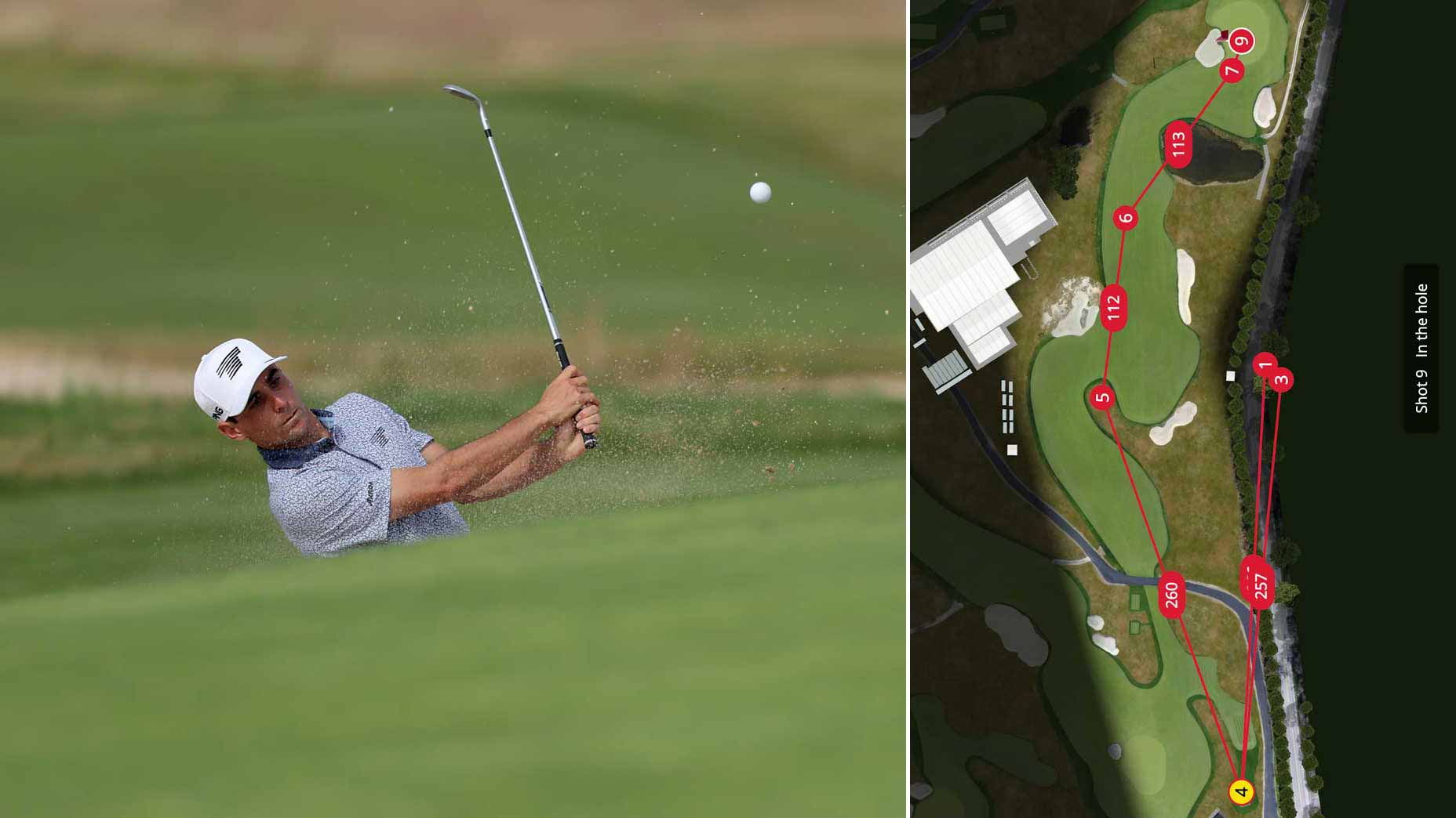 Split image of Joaquin Niemann hitting bunker shot at 2026 U.S. Open and Niemann's Round 1 scorecard.
