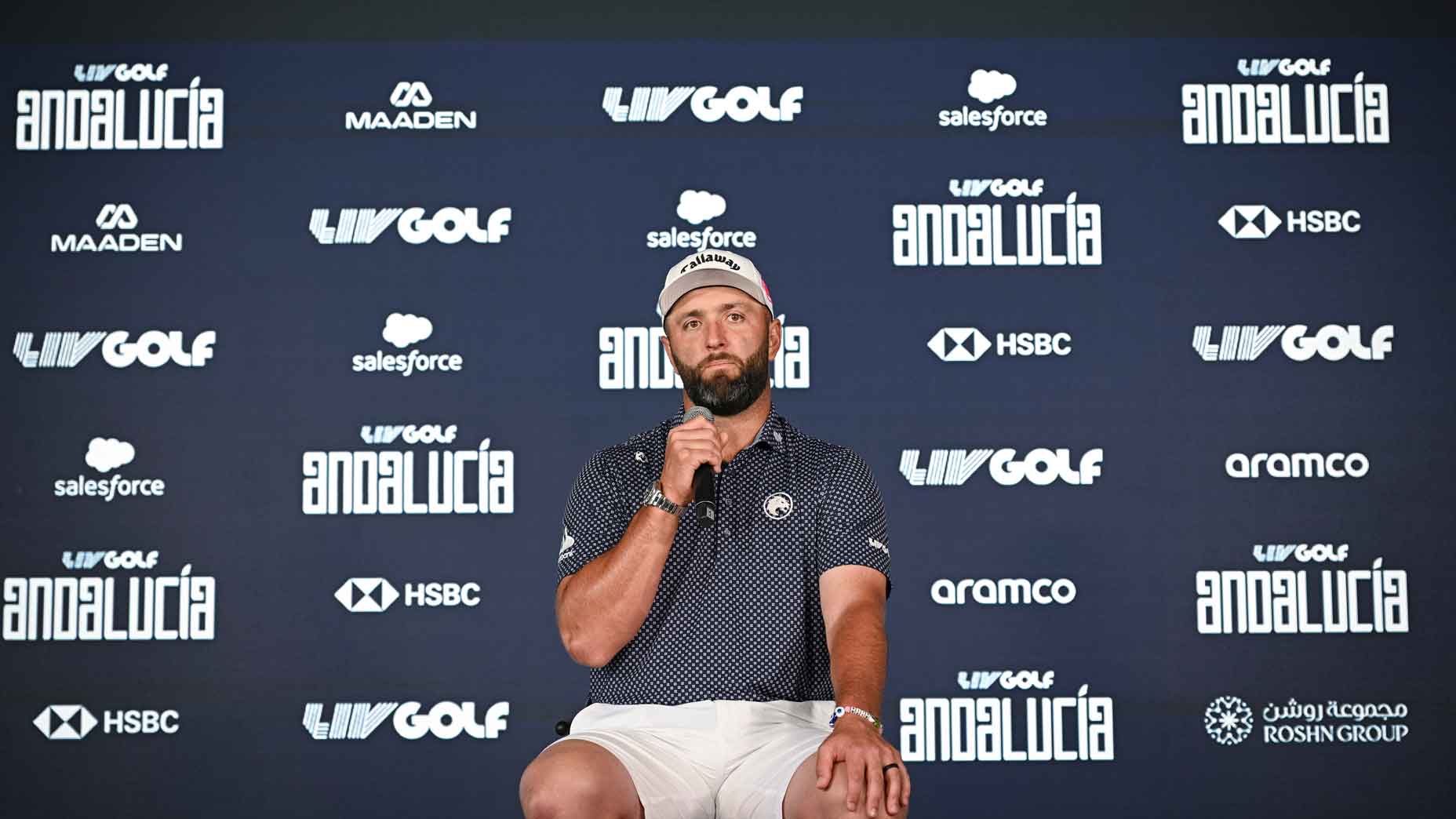 Jon Rahm speaks to reporters in 2026 LIV Golf Andalucia press conference.