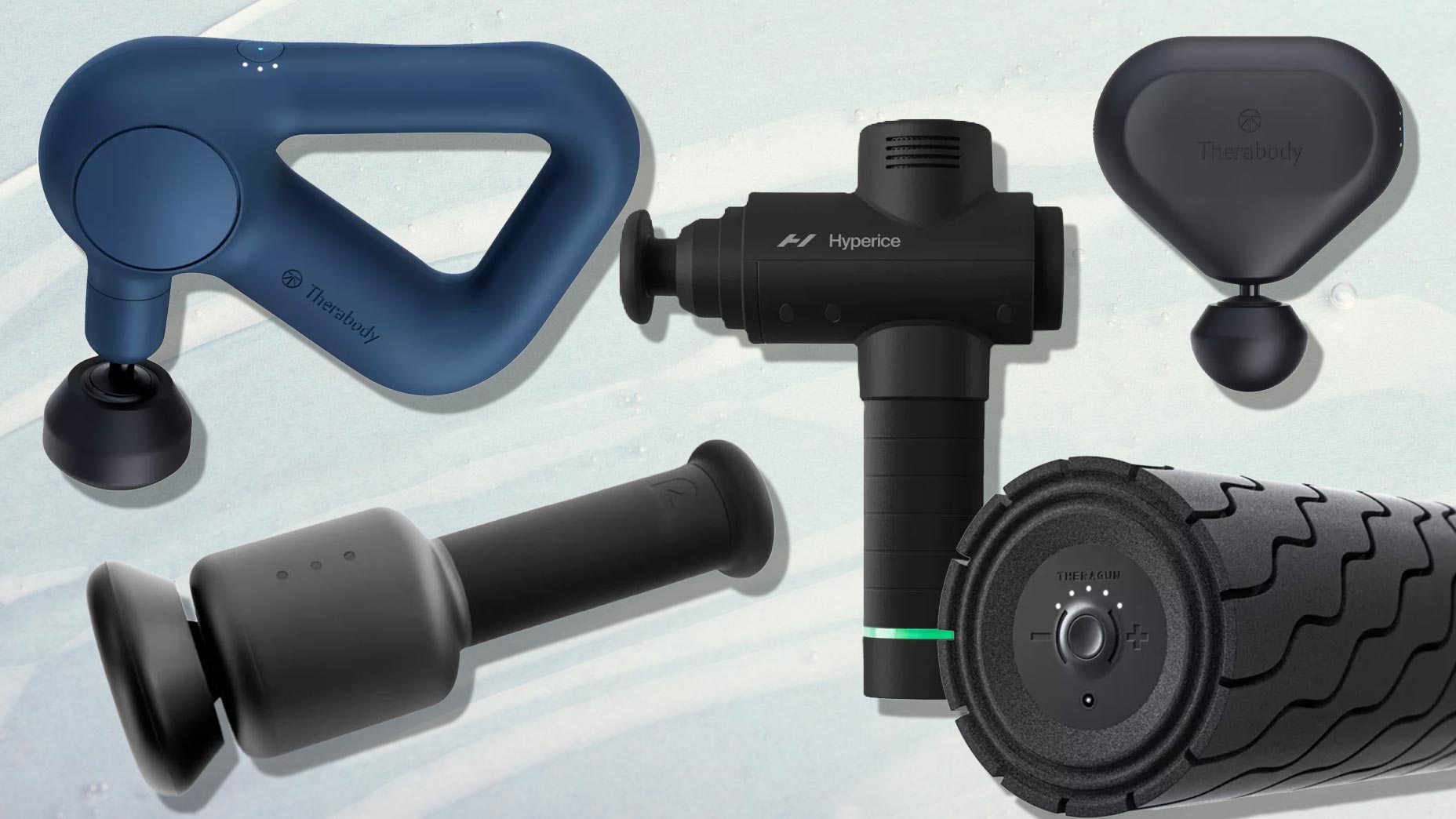 Four different massage guns and a vibrating foam roller are arranged on a light, abstract background. The massage devices vary in shape and color, with visible brand names and textured surfaces.