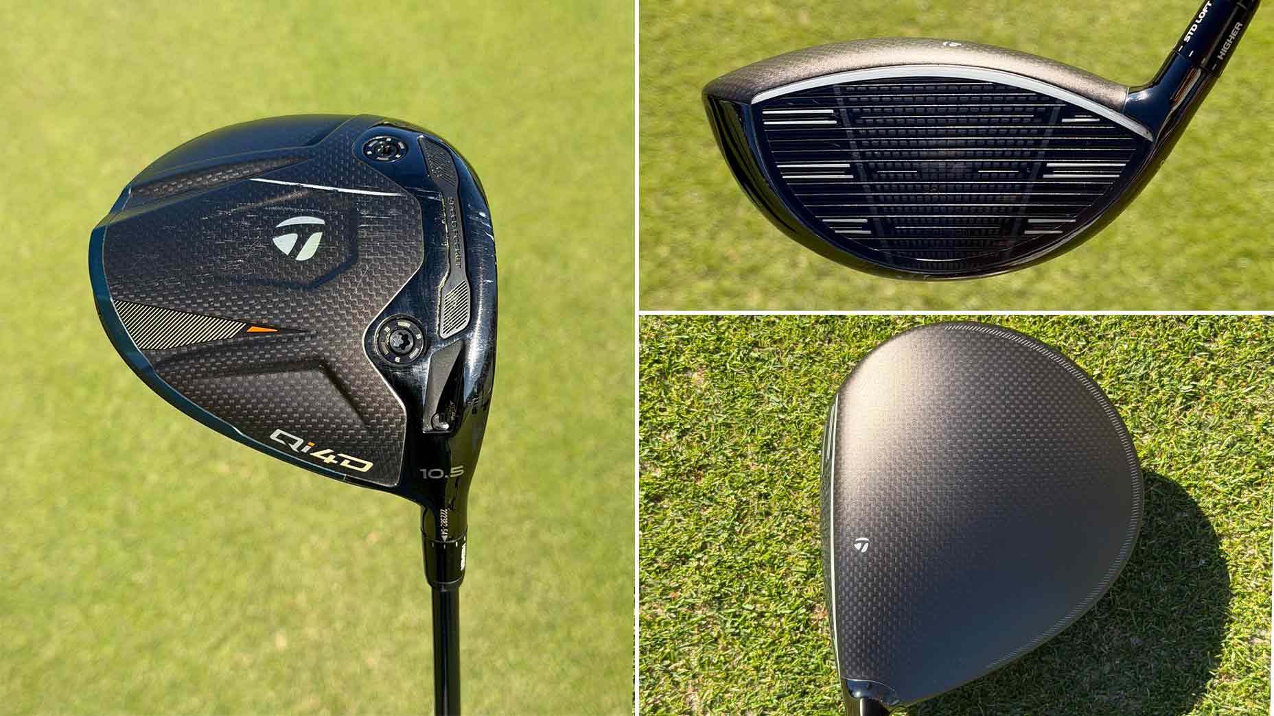 Three views of a black TaylorMade golf driver on grass: close-ups of the clubhead’s top, clubface, and crown, showcasing its textured design and branding—worthy of Nelly Korda at the U.S. Women's Open.