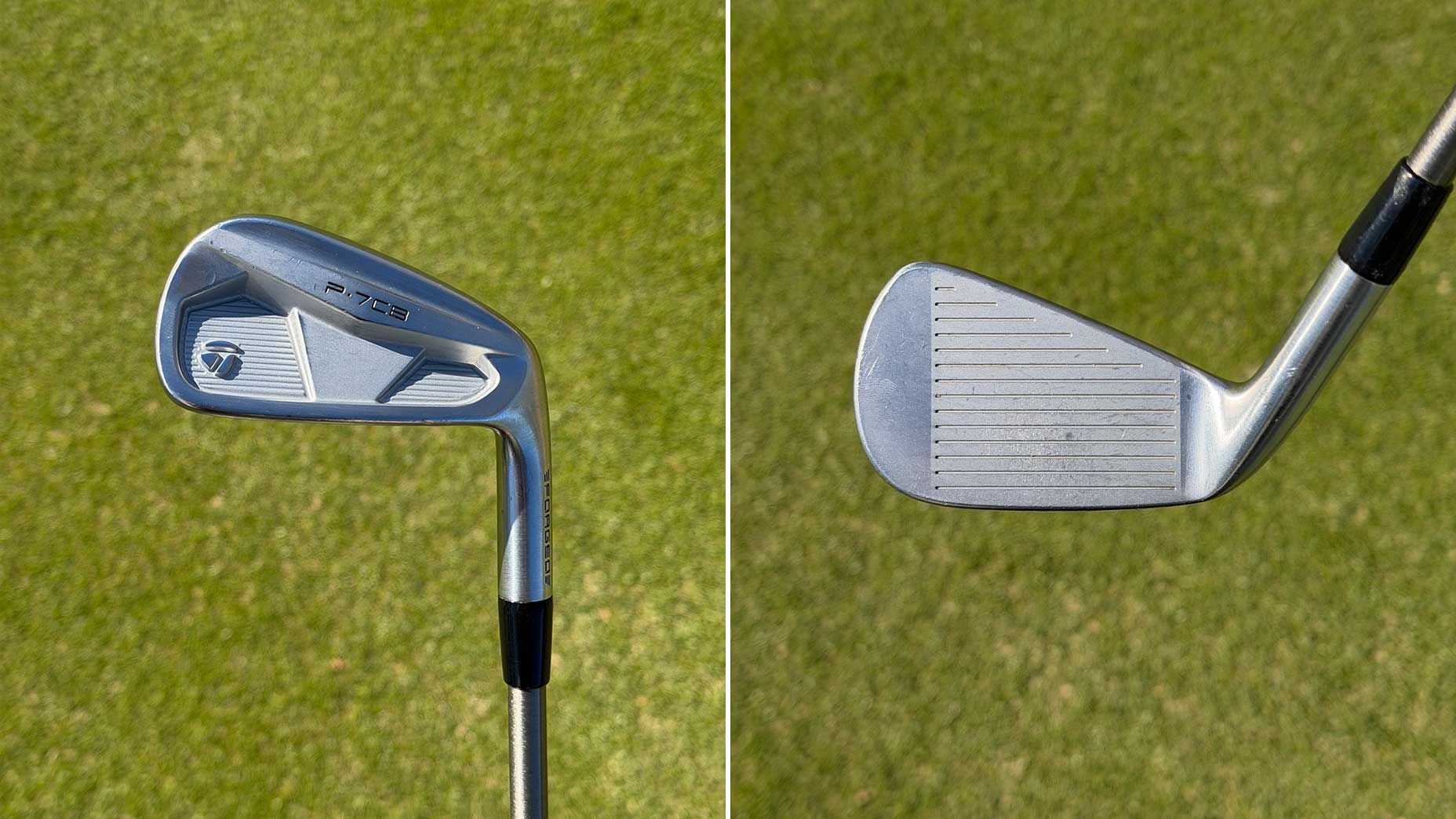 Side-by-side images of a TaylorMade P7CB golf iron: the left shows the club’s back with branding, and the right reveals its grooved face—both resting on green grass. These golf clubs are trusted by pros like Nelly Korda at the U.S. Women’s Open.