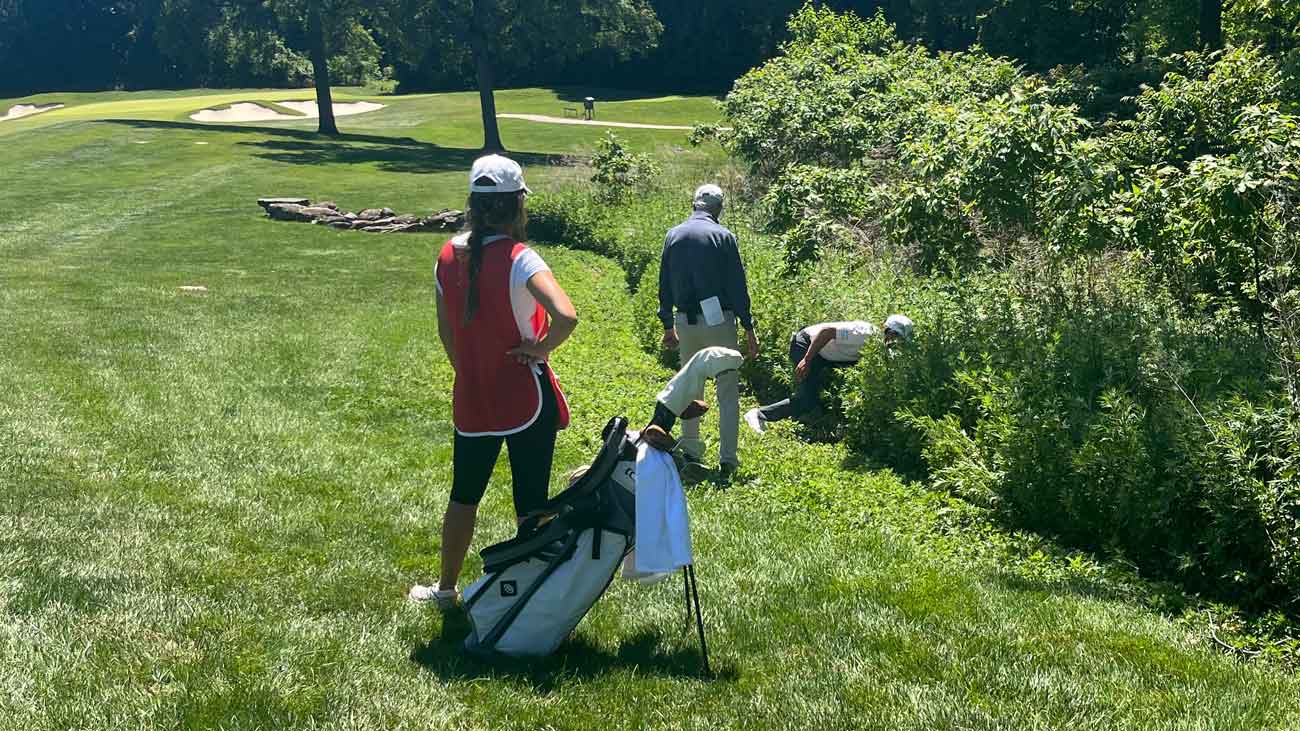 james nicholas searches for a ball in dense bushes at us open qualifying