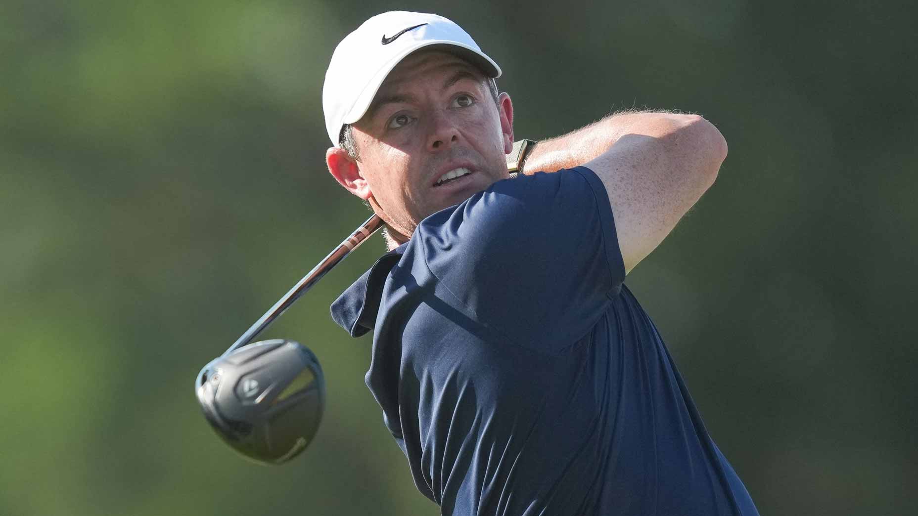 Rory McIlroy hits drive at PGA Tour event: 2026 Memorial Tournament Thursday tee times