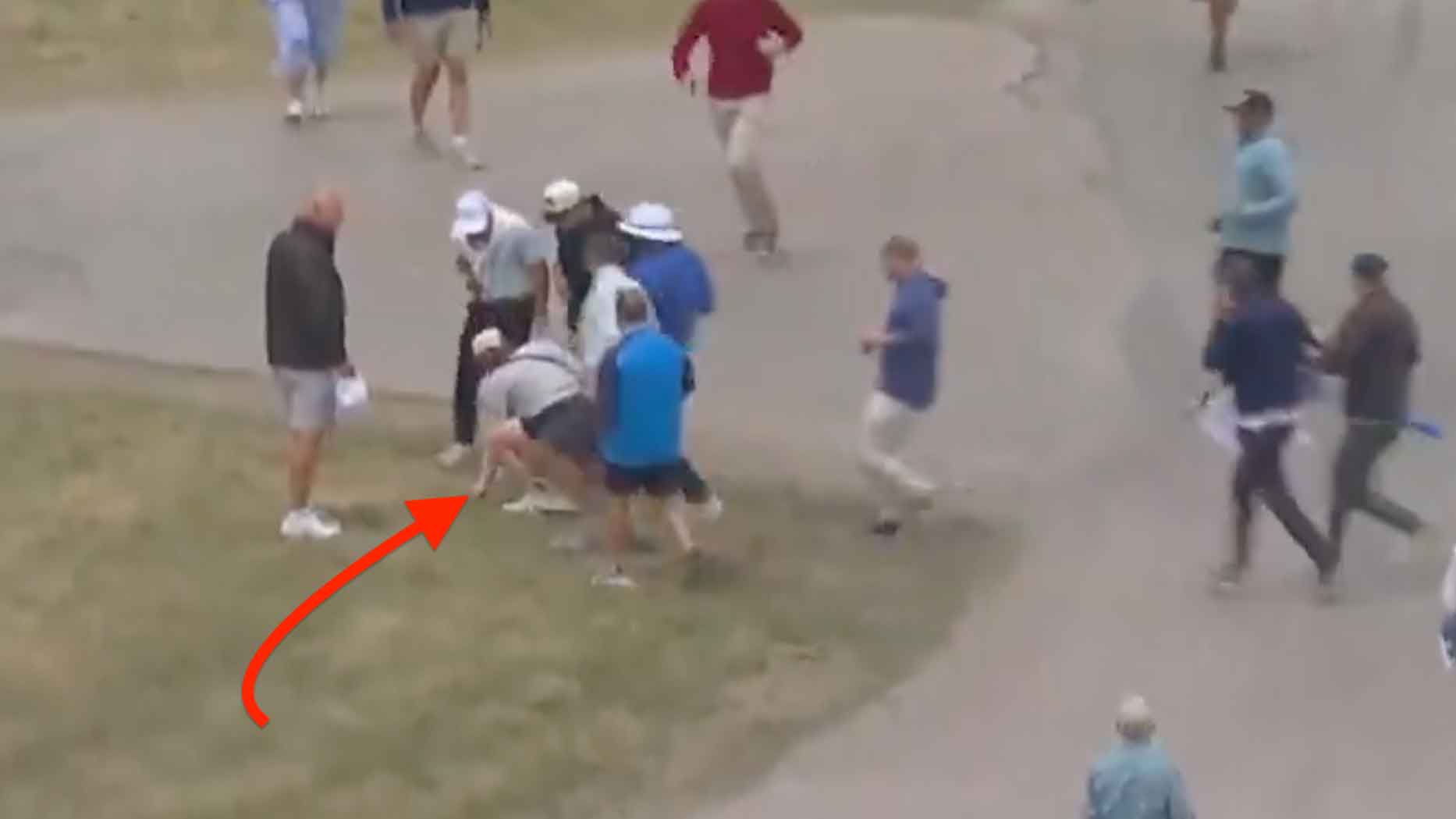 A group of people walking on a paved path and grass; one person has fallen to the ground while others nearby appear to be noticing or reacting. A red arrow points to the fallen individual.