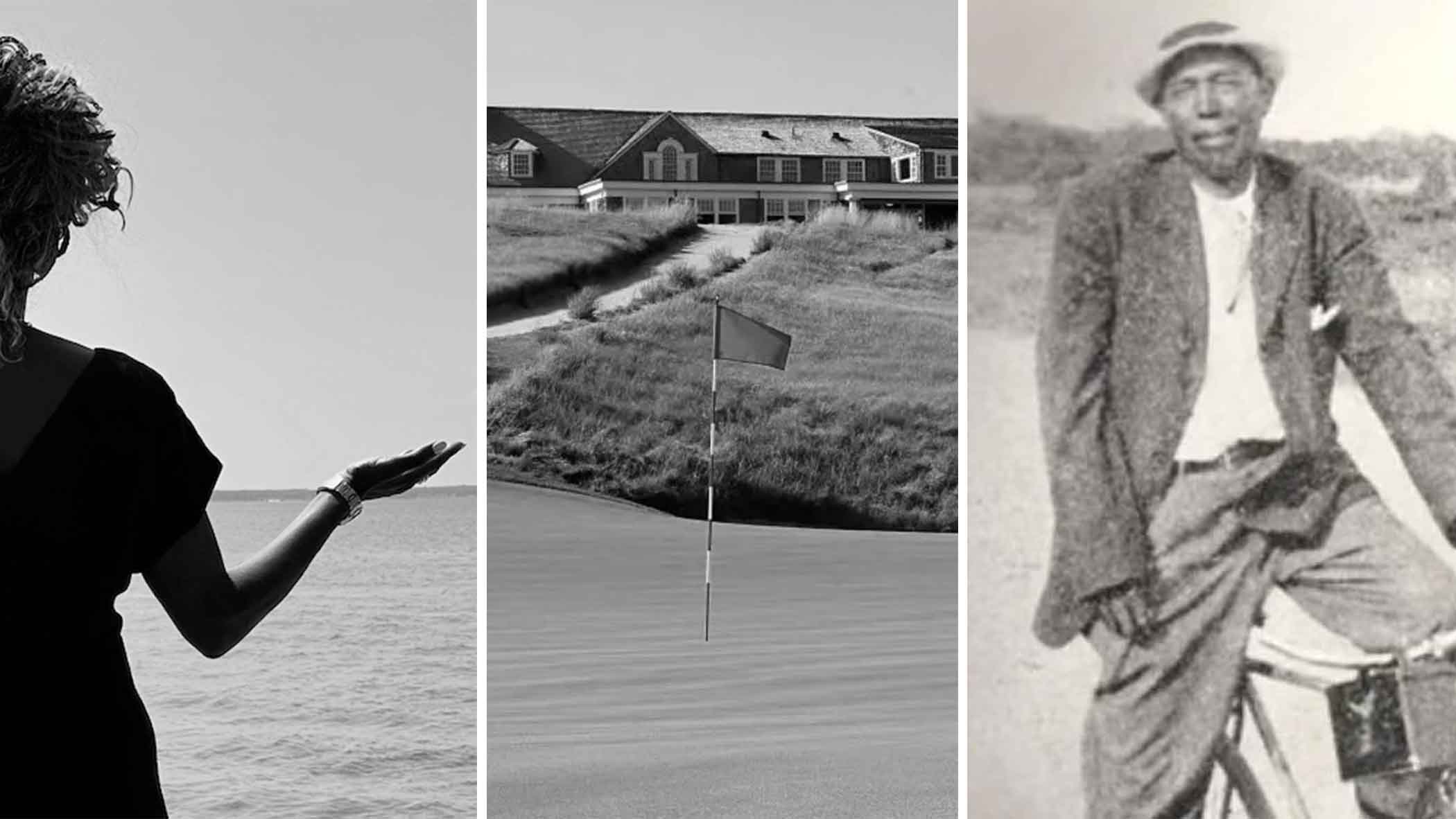 A black and white triptych: left, a person with outstretched arm by the water; center, Shinnecock Hills golf course with flag and clubhouse; right, a man in a suit seated outdoors on a bicycle—echoes of family moments.