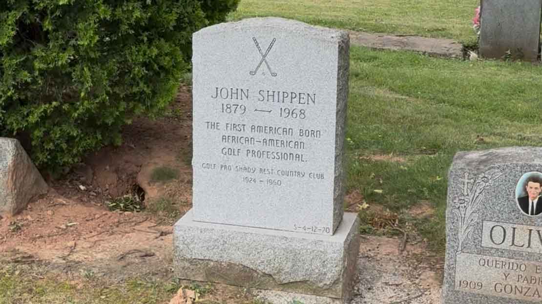 A gravestone for John Shippen (1879–1968), hero of the U.S. Open, reads: The first American born African-American golf professional. Golf pro Shady Rest Country Club 1924–1950, with a crossed golf club symbol above the inscription.