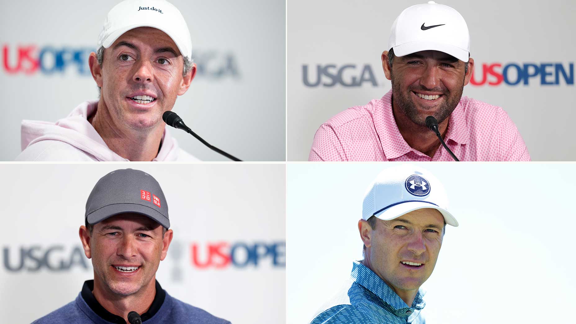 A collage of four U.S. Open contenders at press conferences, each smiling and wearing golf caps and sports attire, with a US Open logo blurred in the background—highlighting key players to watch.