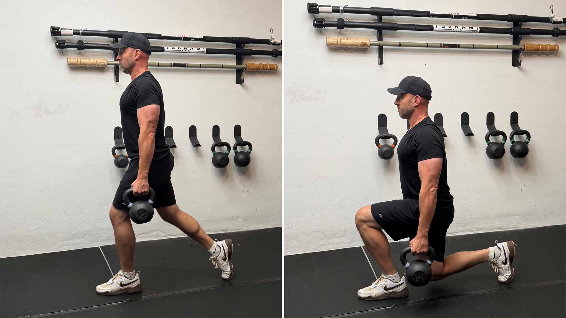 A man wearing a black shirt, shorts, and cap performs a kettlebell lunge in a gym. In the first image, he stands upright; in the second, he is lunging with one knee near the ground, holding kettlebells at his sides.