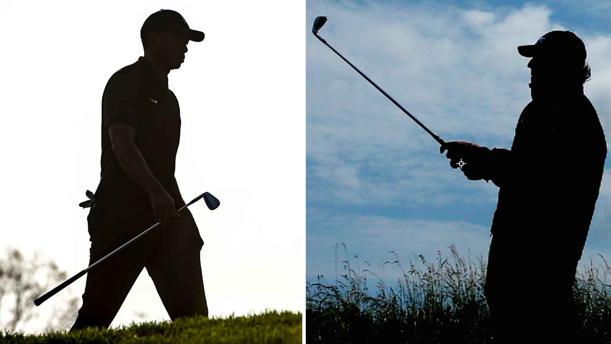Split image of tiger woods and phil mickelson