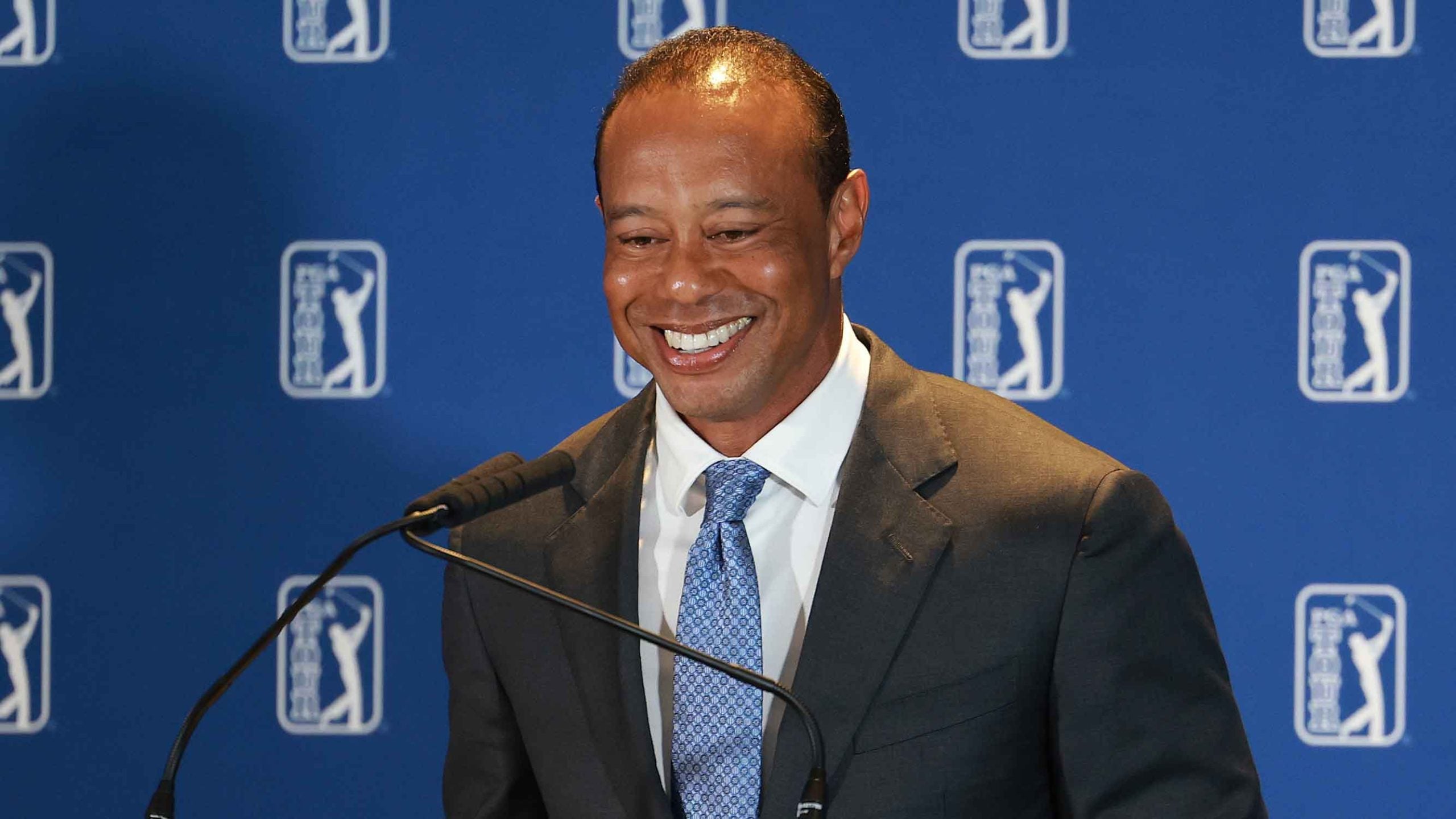 ger Woods of the USA during a Press Conference with PGA TOUR CEO Brian Rolapp