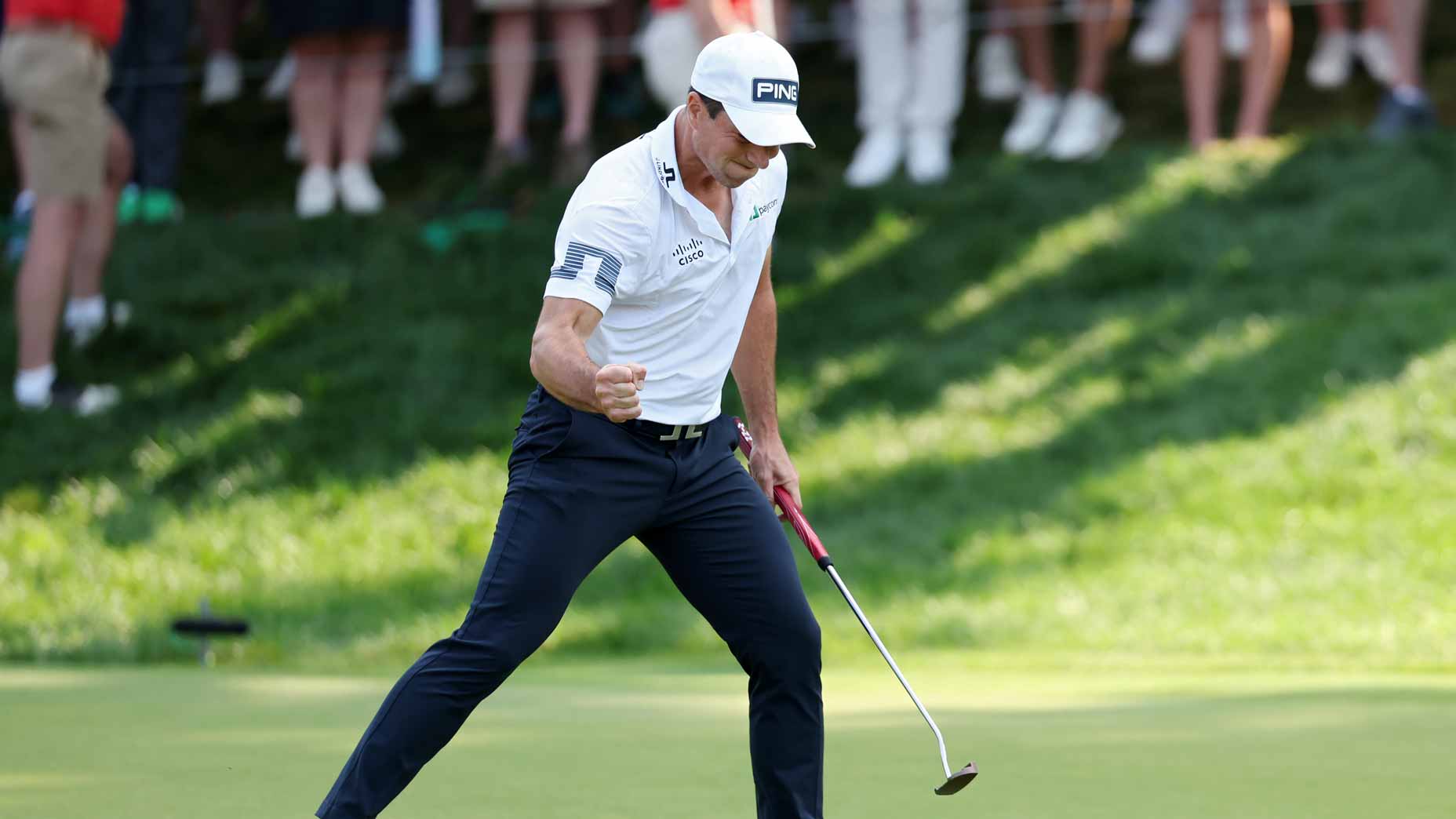 Viktor Hovland celebrates 2026 Travelers Championship win.