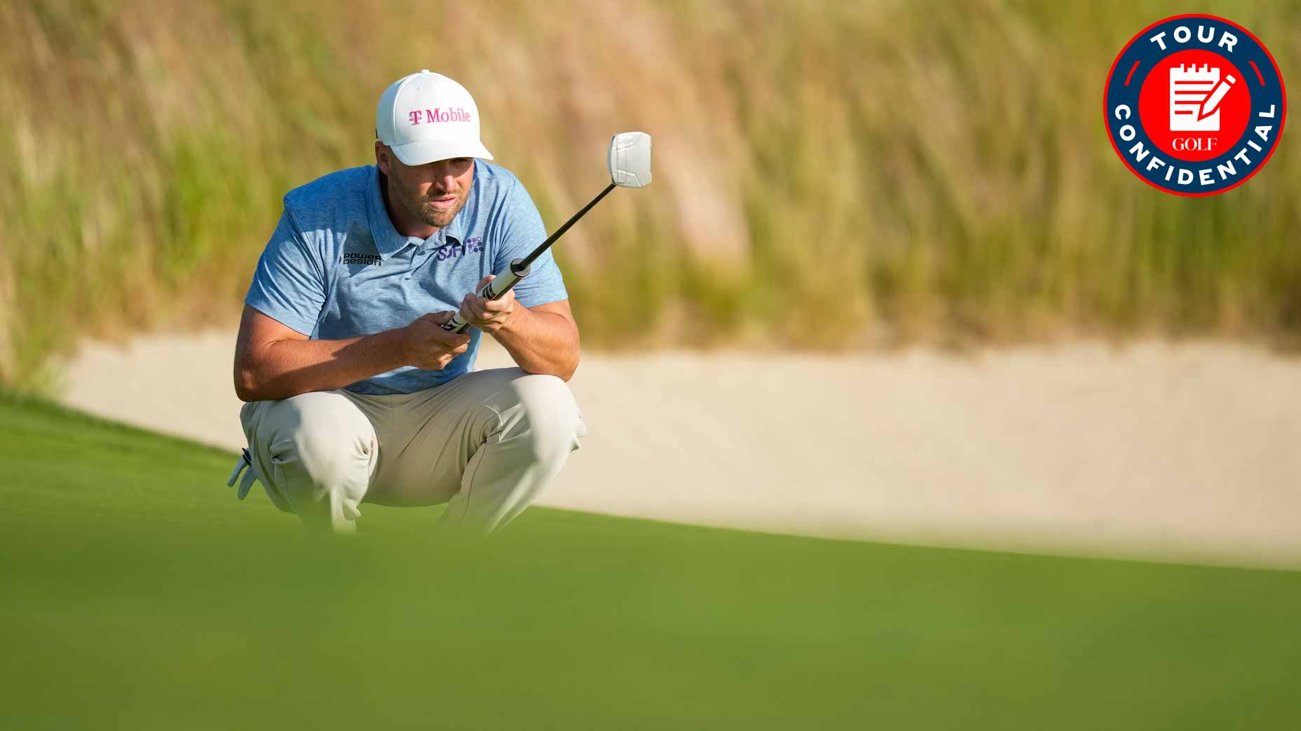 A golfer in a blue shirt and white cap squats on the green, focusing on his U.S. Open putt. Tall grass forms the backdrop, and a Tour Confidential logo appears in the top right corner as this star sticks around for his shot.