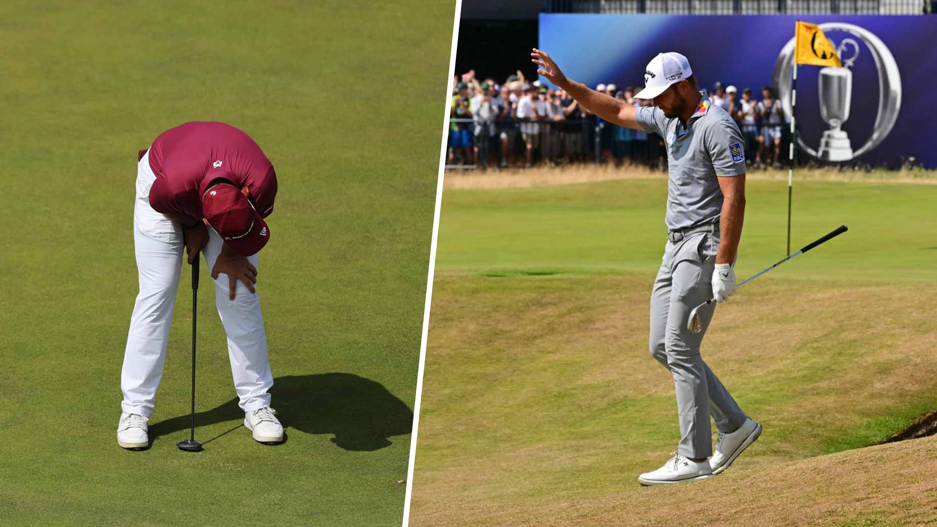 Split image: On the left, a golfer in a red shirt bends over his putter in frustration. On the right, a golfer in gray waves to the crowd near a golf green, holding his putter.