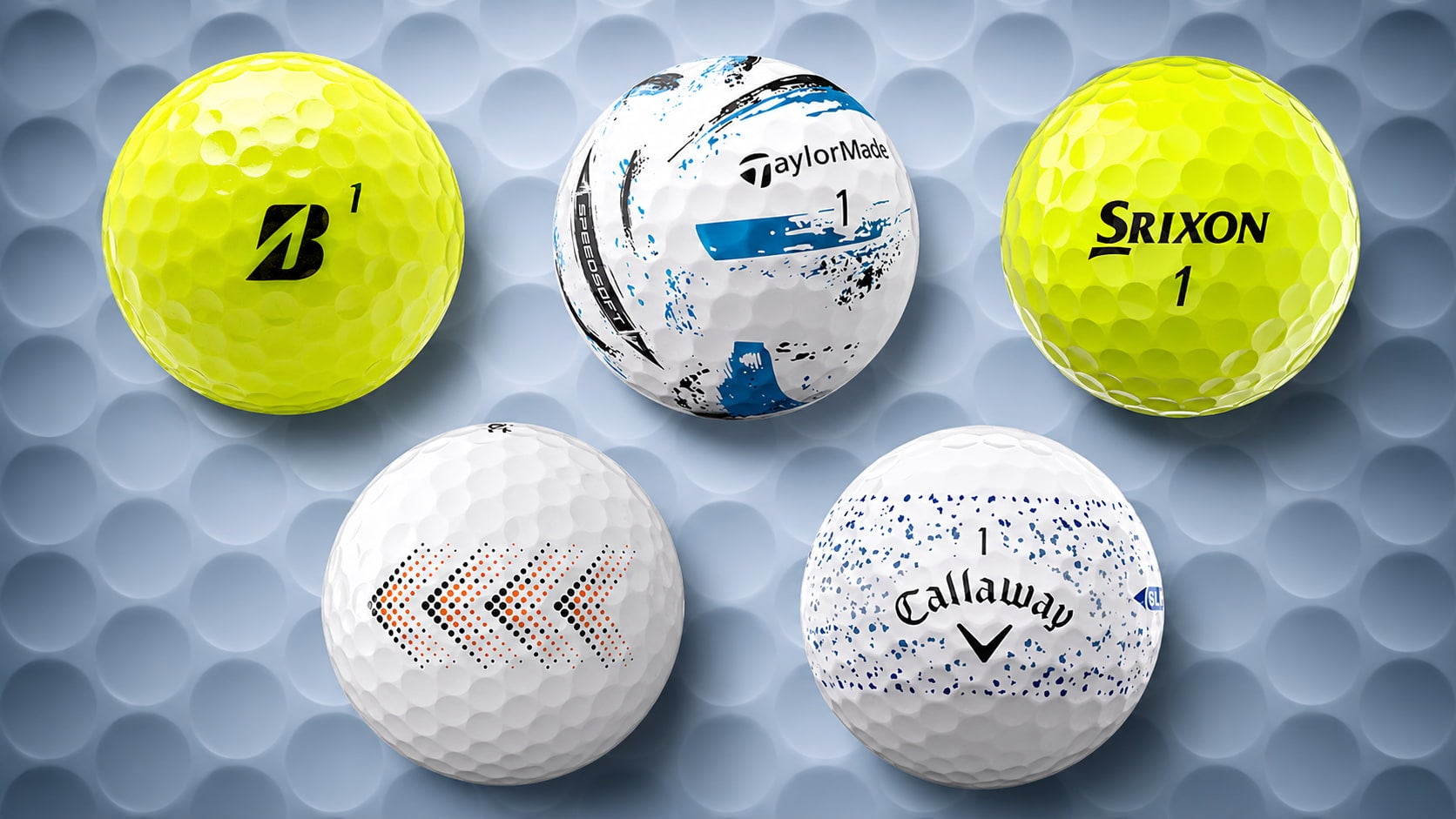 Five golf balls of various brands and colors, including unique options from Bridgestone, Srixon, Callaway, and TaylorMade, are displayed on a textured surface—much like what you'd find at the PGA Tour Superstore.