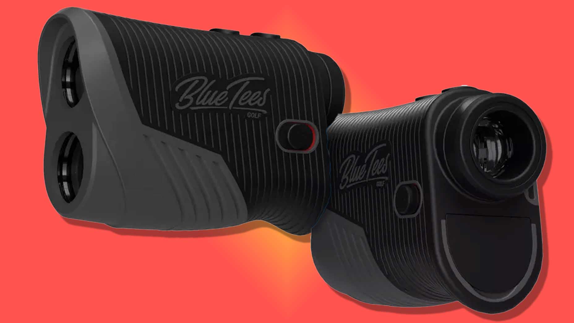 Two black Blue Tees Golf rangefinders are shown on a bright red-orange background, highlighting their textured grip and lens features. Don’t miss out—these premium rangefinders are on sale now for just $129.