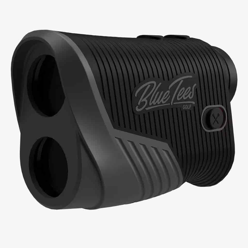 A black Blue Tees Golf rangefinder with textured grip, dual lens openings, and a power button on the side is shown on a plain white background—now on sale for $129.