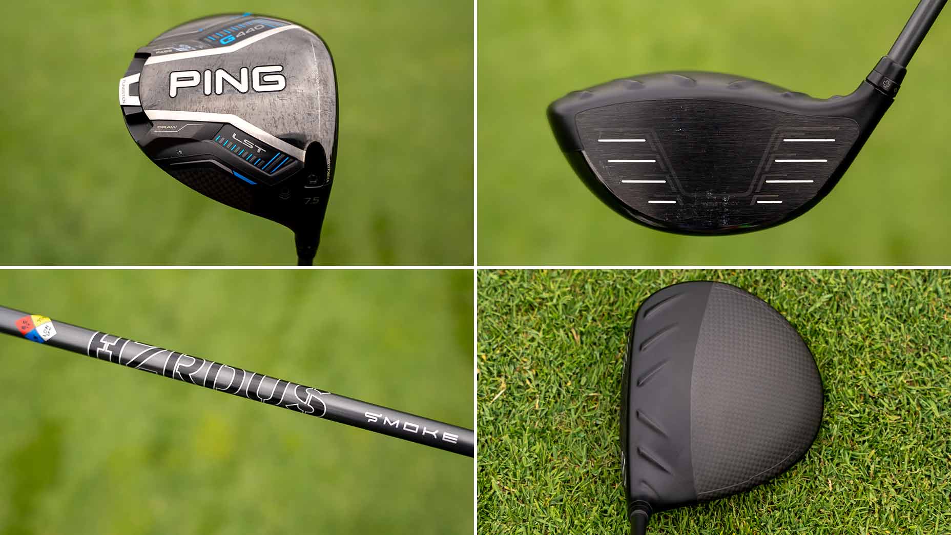 A four-panel image shows a Ping golf driver from different angles: logo and branding, clubface, club shaft with “HZRDUS SMOKE” text, and a top view of the clubhead—all WITB essentials—displayed on a grassy background.
