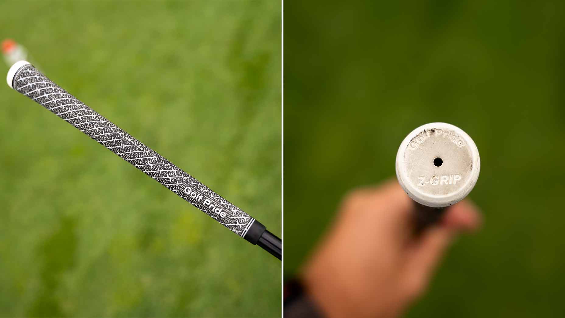Close-up of a black and white patterned Golf Pride Z-GRIP on a golf club, featured in a WITB setup—shown from the side on the left and from the top with branding visible on the right, set against a blurred green background.
