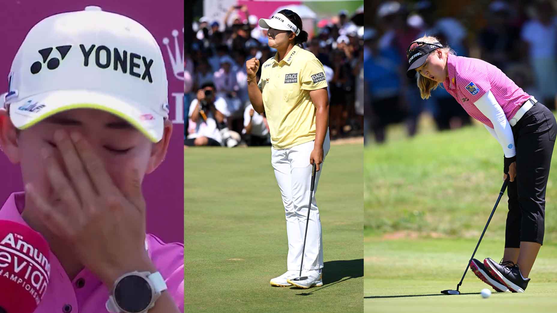Aki Iwai cries, Haeran Ryu celebrates and Brooke Henderson reacts to a missed putt at the Evian Championship