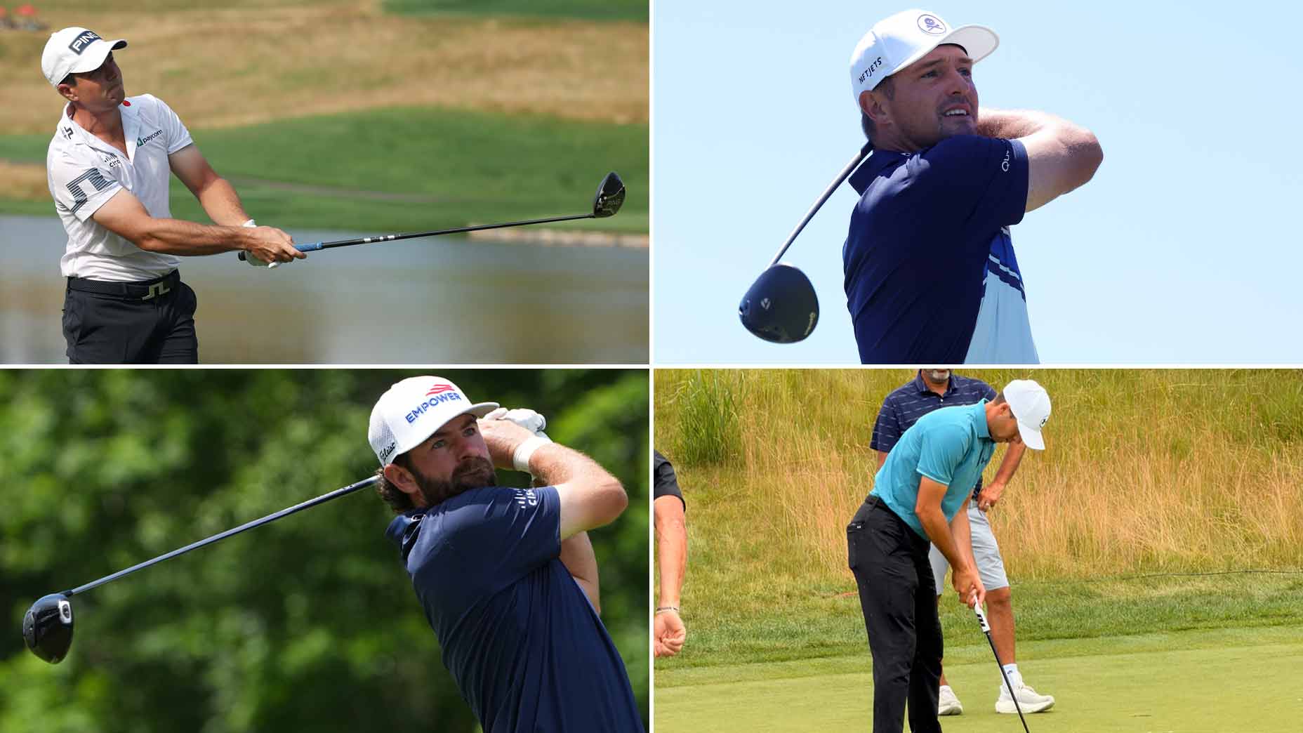 A collage of four male golfers on a course: three swinging drivers and one putting on the green, all dressed in golf attire and focused on their shots—highlighting the latest June gear moves from the Tour Report.