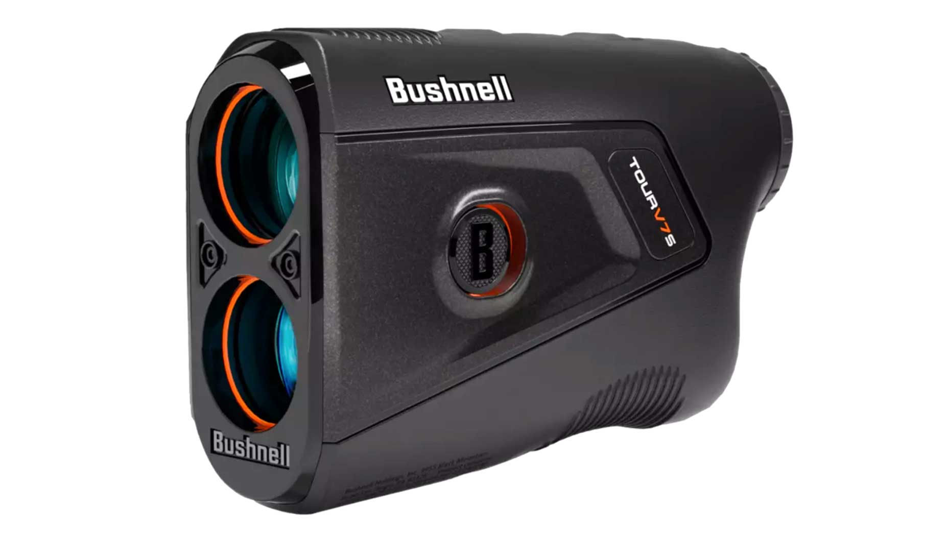 A black Bushnell Tour V5 rangefinder with orange trim, two lens openings, and a prominent B logo on the side, designed for measuring distances in golf—don’t miss this great deal!.