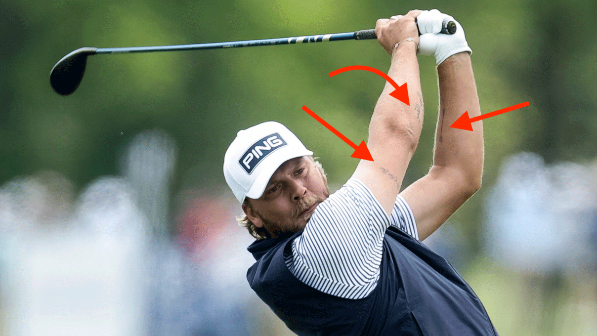 Dan Brown of England plays a shot on the 16th hole during the first round of the PGA Championship at Aronimink Golf Club on May 14, 2026